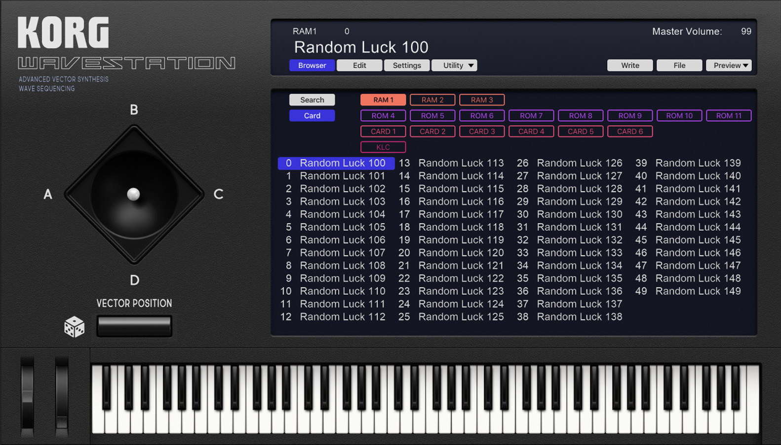 Random Luck Preset Bank geladen in das Korg Wavestation-Plugin